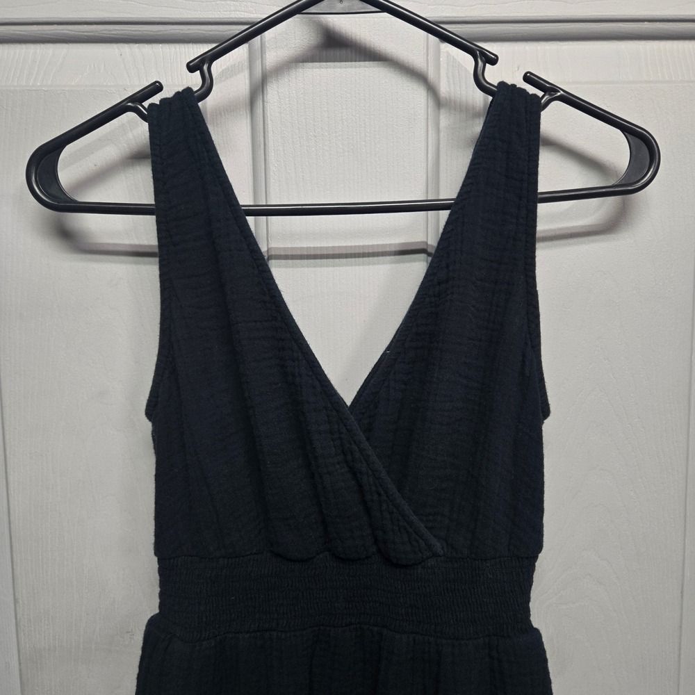 Boho Black Cotton Gauze Tiered Maxi Dress Smocked Waist Pockets M Coquette